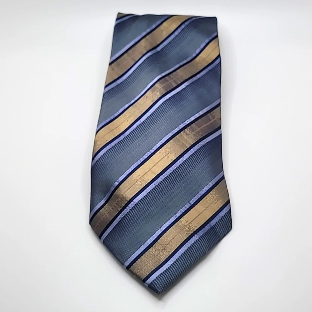 Kenneth Cole NY 100% Imported Silk Gold Gray Stripes Men's Tie